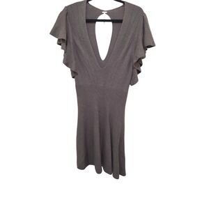 Free People Olive Green Women's Knit Flutter Sleeve Dress Deep V-Neckline & Open